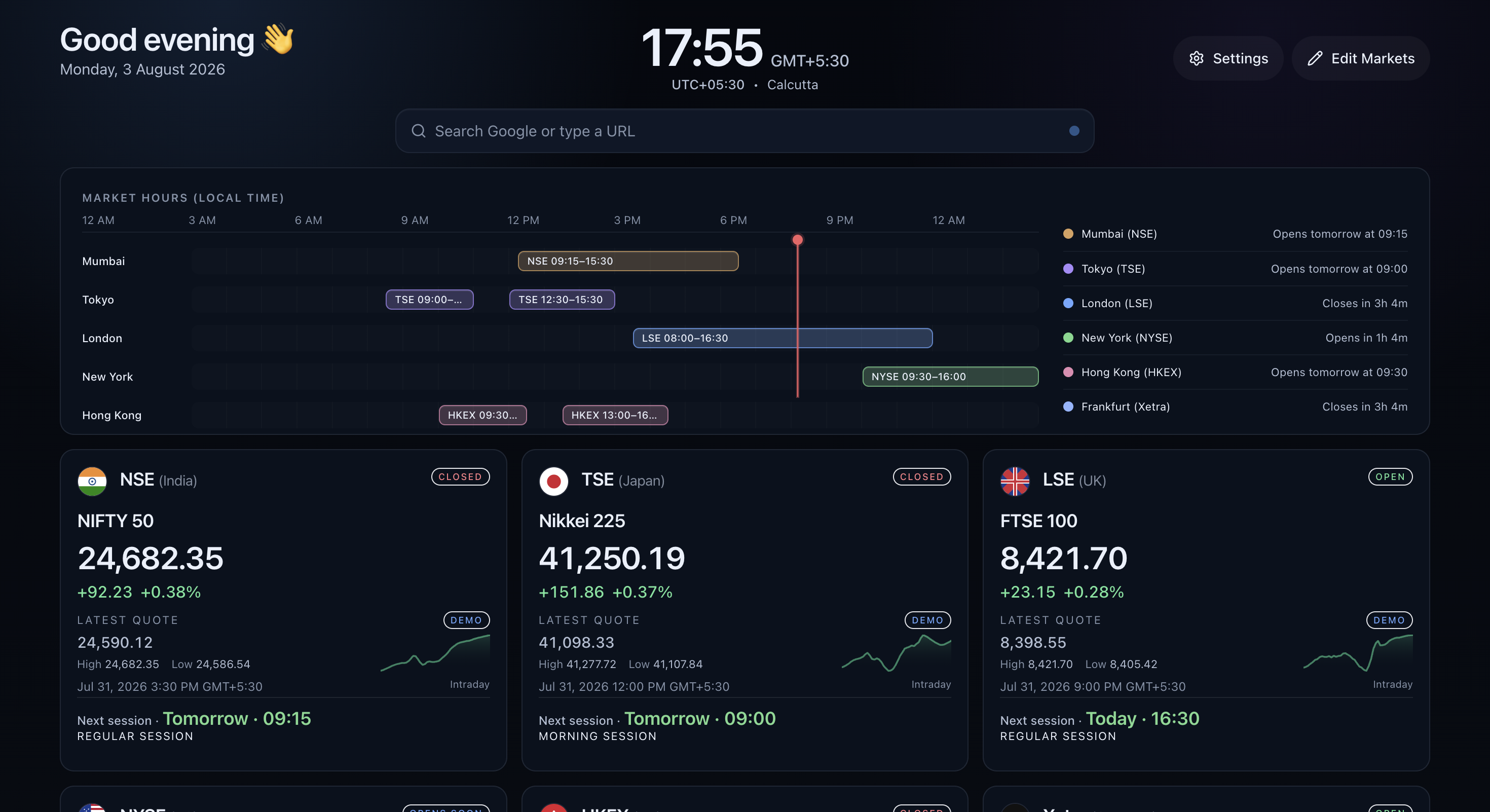 Market Window new-tab dashboard with a local-time session timeline, six market cards, upcoming opens, summary, and quick links
